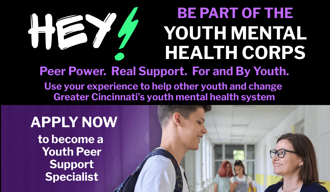 Two youth looking at each other with text about how to apply to be a Youth Peer Support Specialist for the organization HEY!